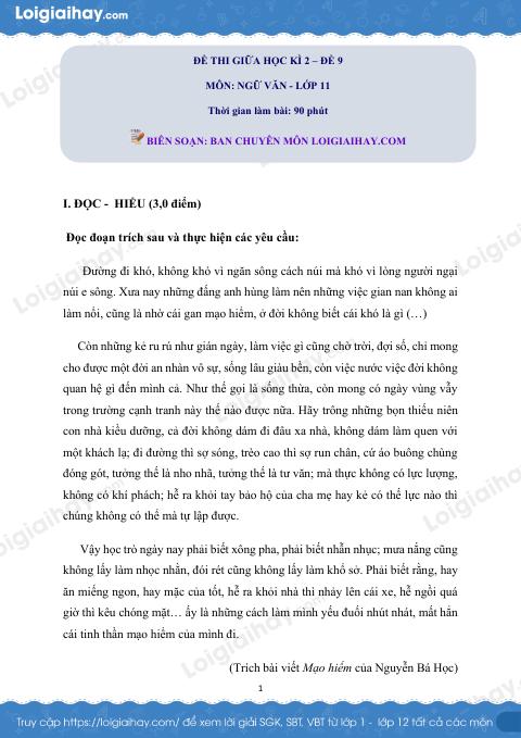Đề kiểm tra giữa học kì II Ngữ văn 11 - Đề số 9 có lời giải chi tiết